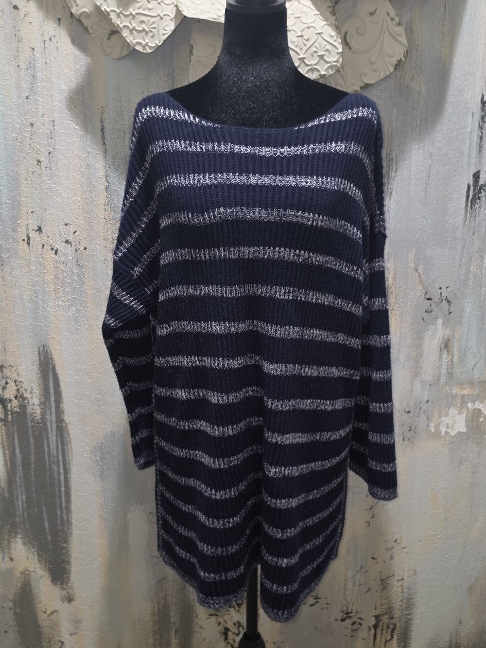 Coldwater Creek Navy and White Cozy Striped Off-Shoulder Knit Sweater